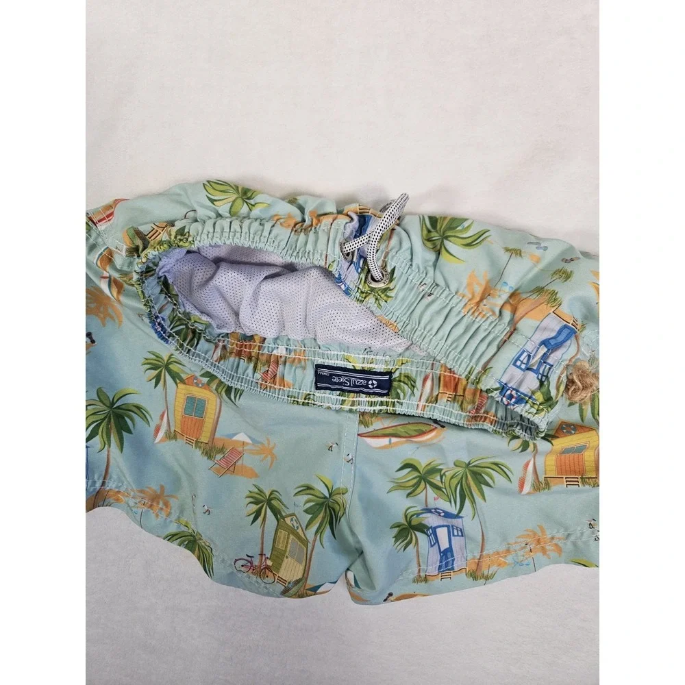 Azul Siete Men's Cyan Blue Print Swim Trunks Shorts Small S Palm‎ Tree Beach